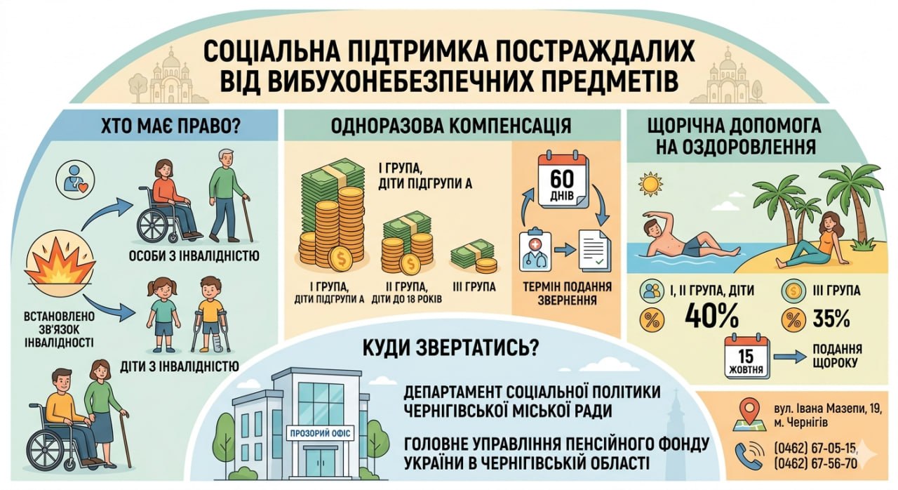 До уваги постраждалих внаслідок дії вибухонебезпечних предметів: як отримати компенсацію та допомогу на оздоровлення