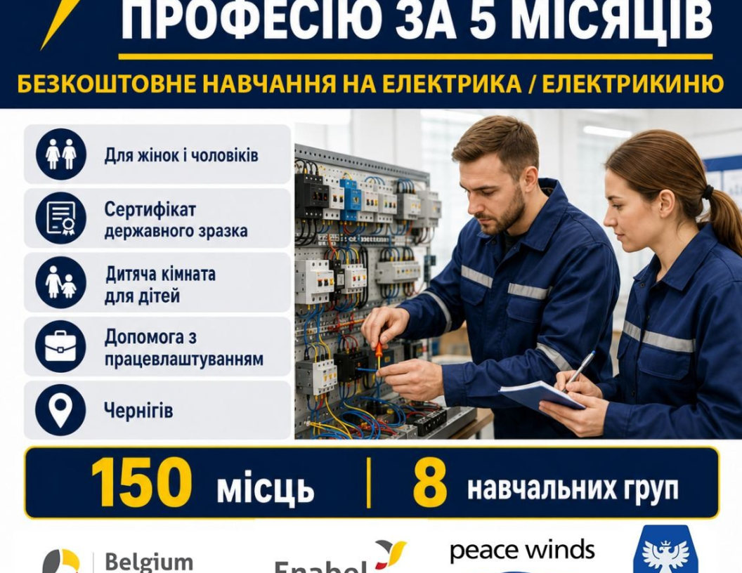 Peace Winds Ukraine оголошує набір на безкоштовне навчання за професією «Електрик/електрикиня»